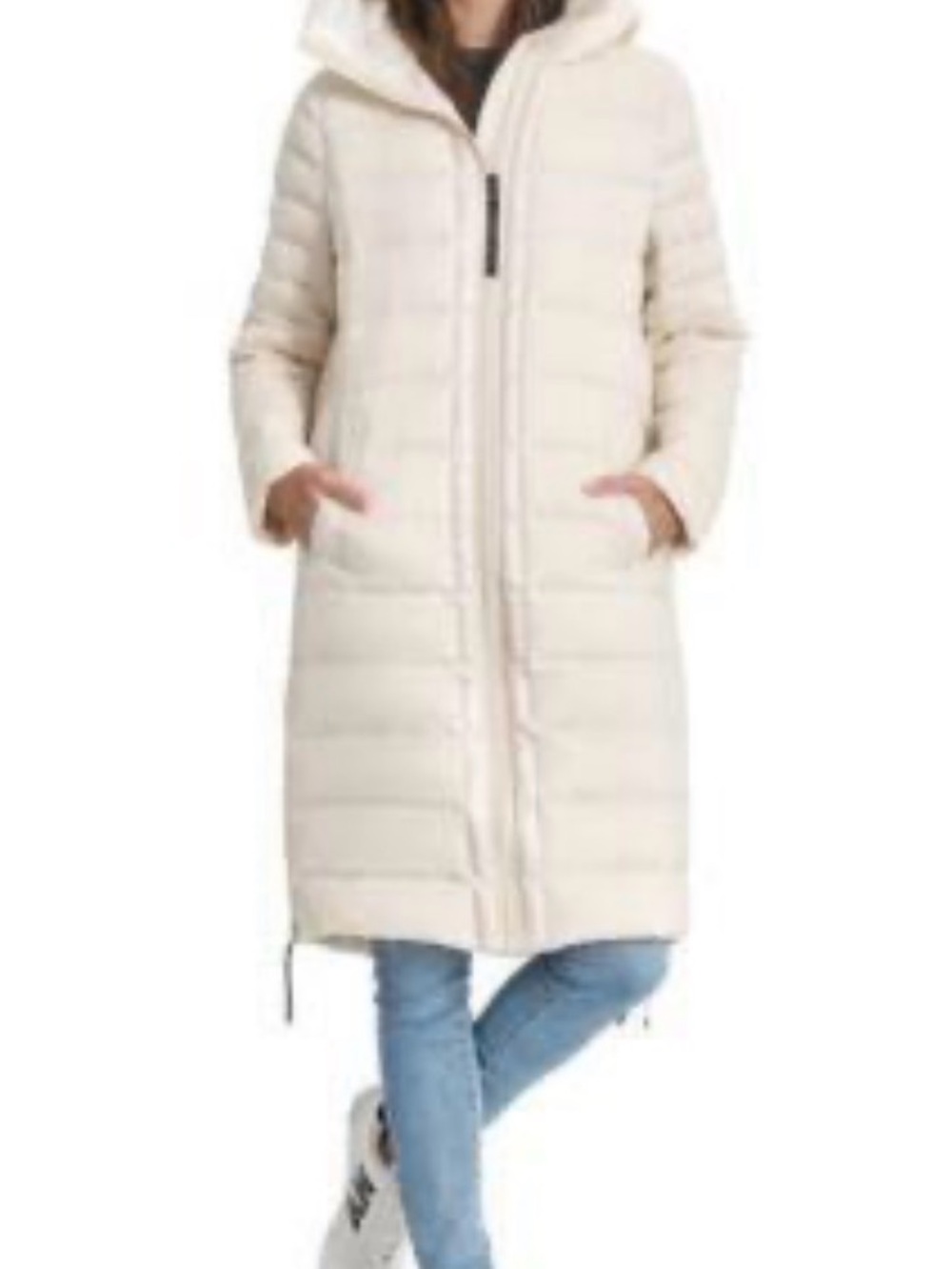 DKNY Long Hooded down filled quilted Puffer Coat in Light Cream